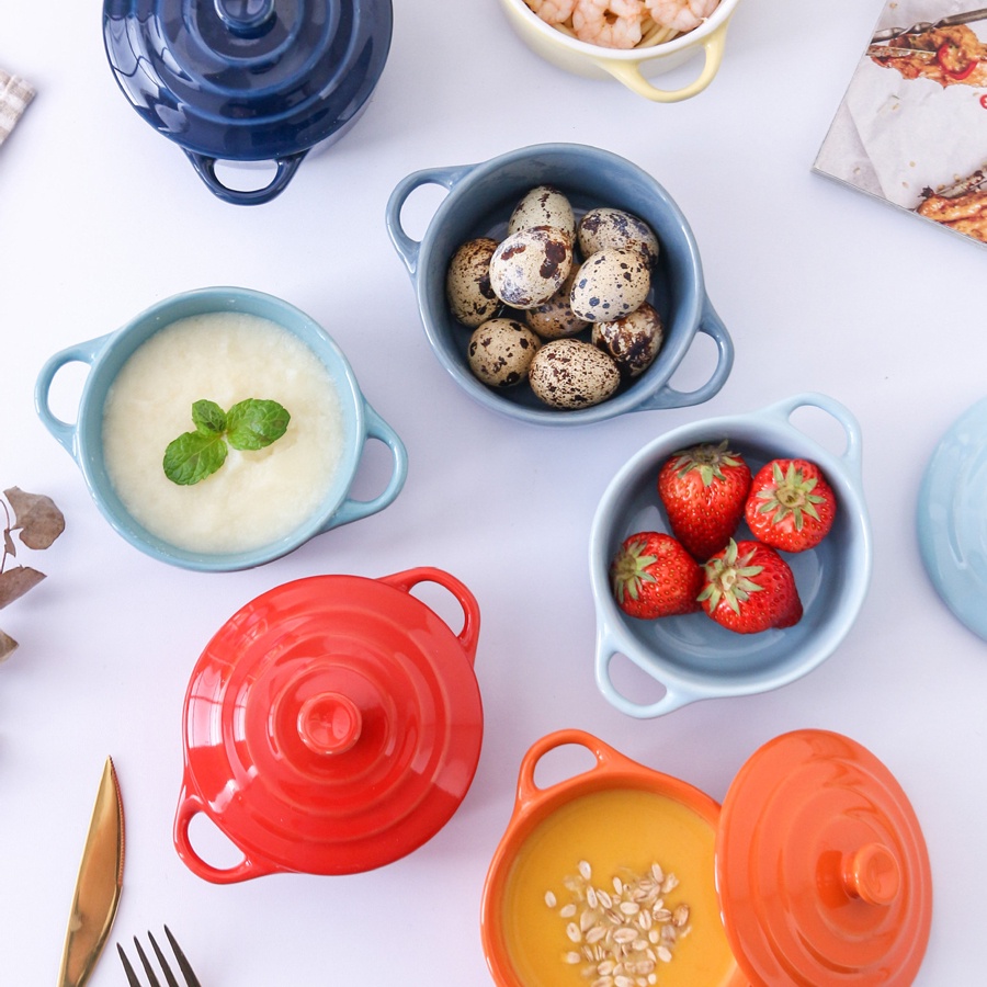 Bát nướng, bát hấp làm bánh flan bằng sứ cao cấp có nắp và tay cầm tiện dụng nhiều màu sắc