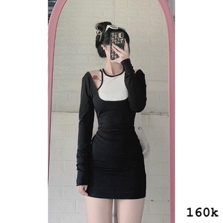 Đầm thun gân body tay dài phối yếm