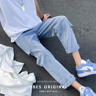 [OBES] Quần jeans xanh trơn suông rộng rách kiểu 2 bên mã QR206