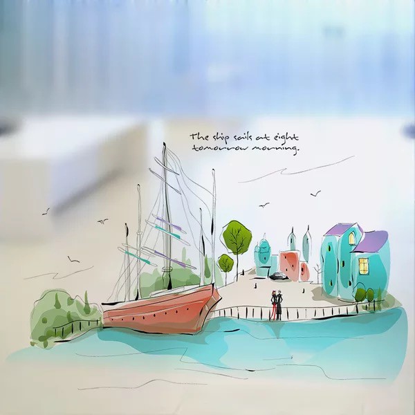 Decal trang trí kính cao cấp mẫu Thuyền lớ và nhà (60cm x 58cm)