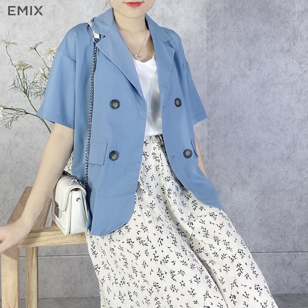 Áo khoác cổ vest EMIX (màu xanh), blazer, không có túi, cộc tay, form rộng, dáng dài, chất trượt hàn mềm mịn