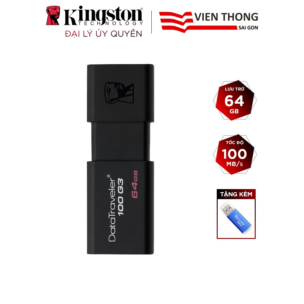 USB 3.0 Kingston DT100G3 64GB tốc độ upto 100MB/s tặng đầu đọc thẻ