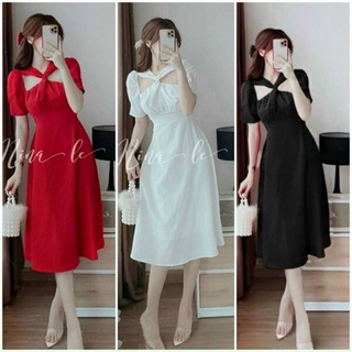 Đầm hot girl, đi tiệc đi dạo phố dáng xoè dài cổ vuông xoắn cổ, khoét ngực xiết eo, tay phồng có mút ngực