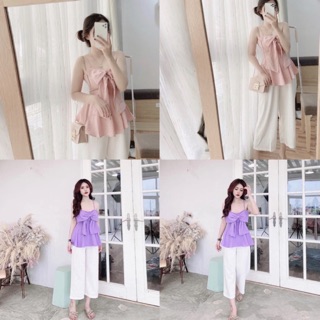 Set áo 2s nơ mix quần suông trắng