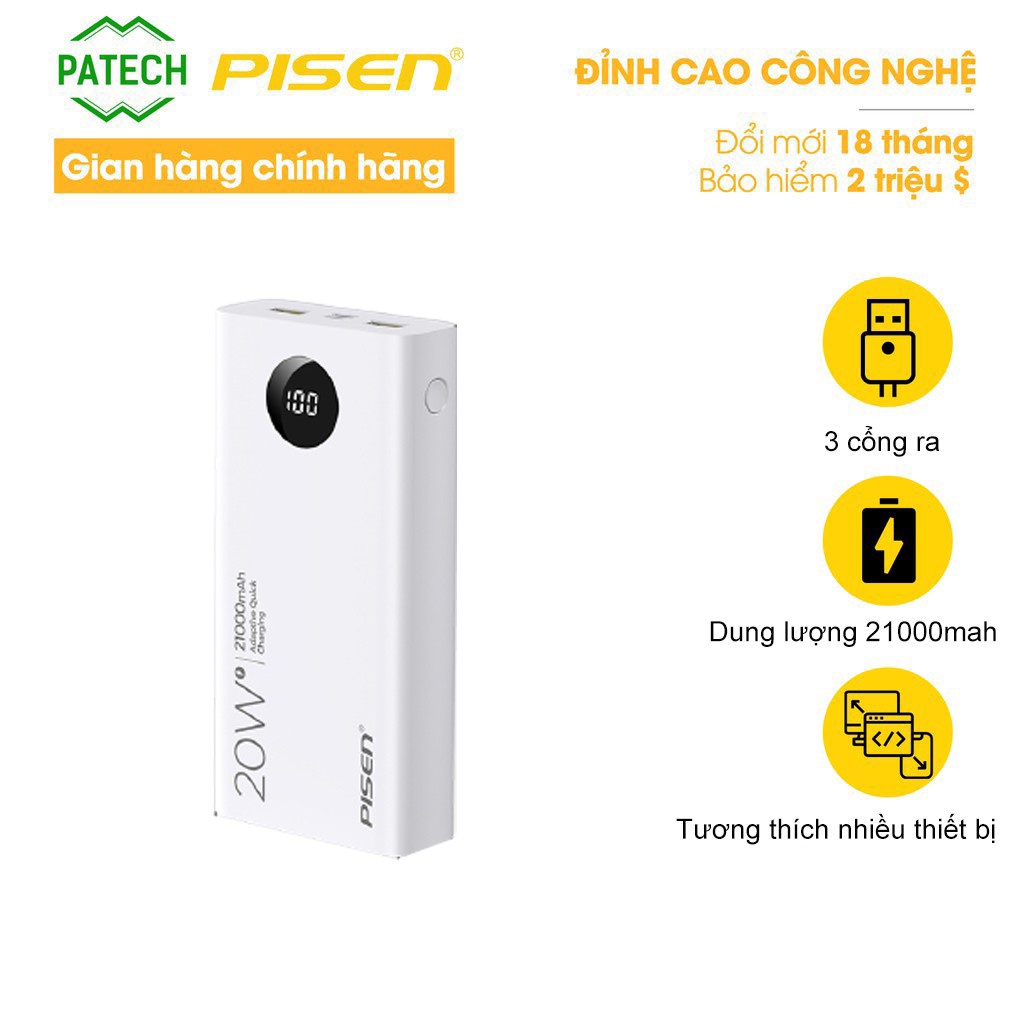 [Mã BMLT300 giảm 10% đơn 499K] SẠC DỰ PHÒNG PISEN Quick 21000mAh(LED), 20W For iPhone 12 PISEN CHÍNH HÃNG