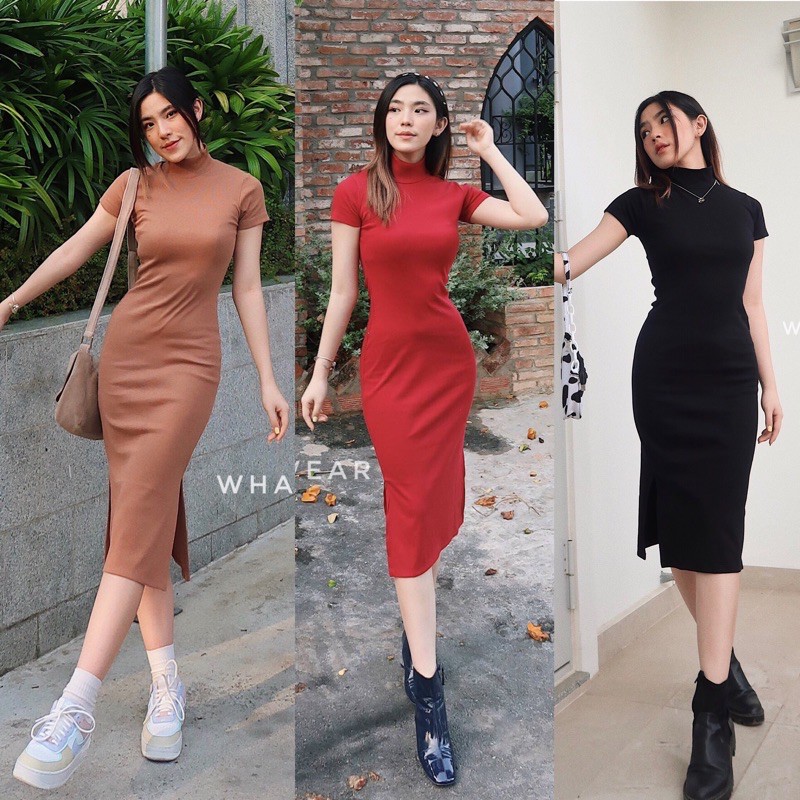 [Mã SKAMSALEP6 giảm 10% tối đa 100K đơn 150K] Đầm body cổ trụ tay ngắn by whattowear