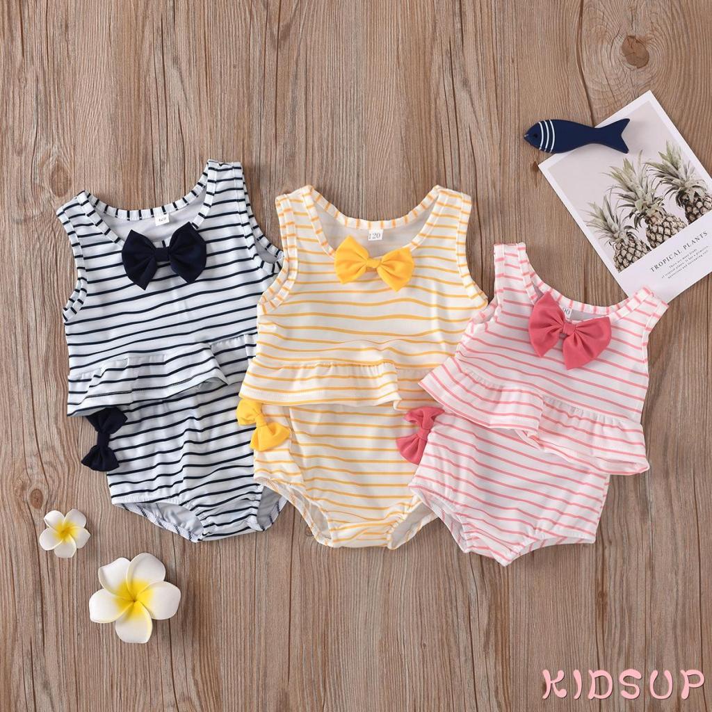 Bộ Đồ Bơi Hai Mảnh Áo + Quần Short Họa Tiết Sọc Thời Trang Dành Cho Bé Gái