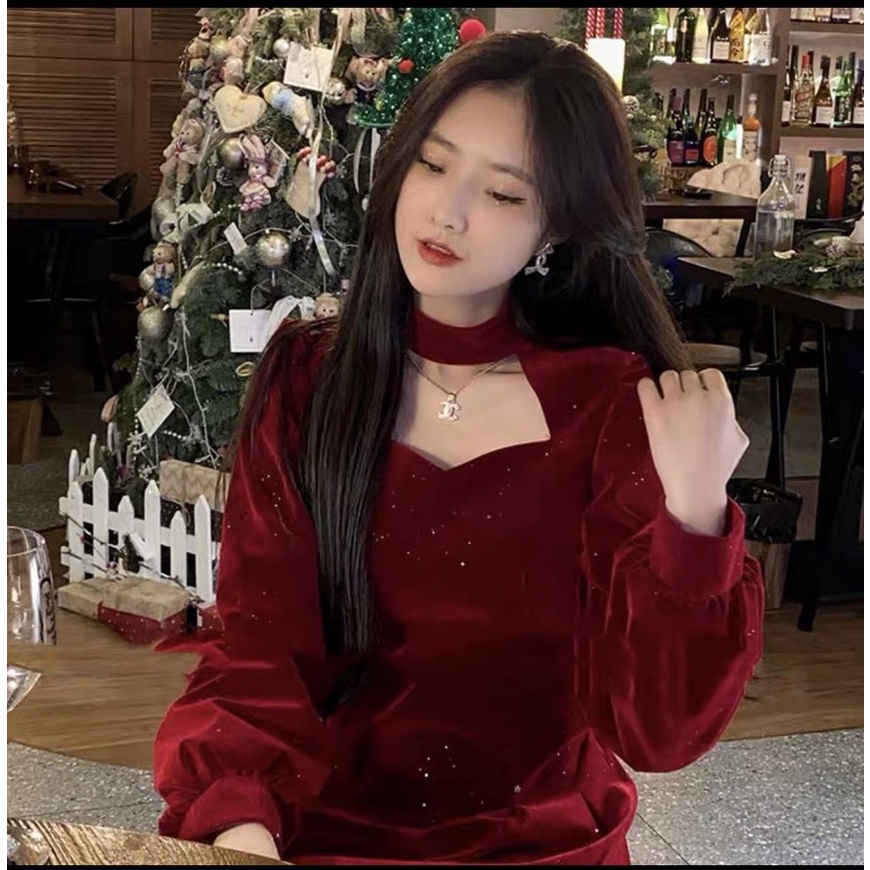 Váy Nhung Tiểu Thư, Đầm Nữ Tay Dài Dáng Xòe Khoét Ngực Màu Đỏ, Váy Thiết Kế Siêu Tôn Dáng, Phong Cách Sang Chảnh. | BigBuy360 - bigbuy360.vn