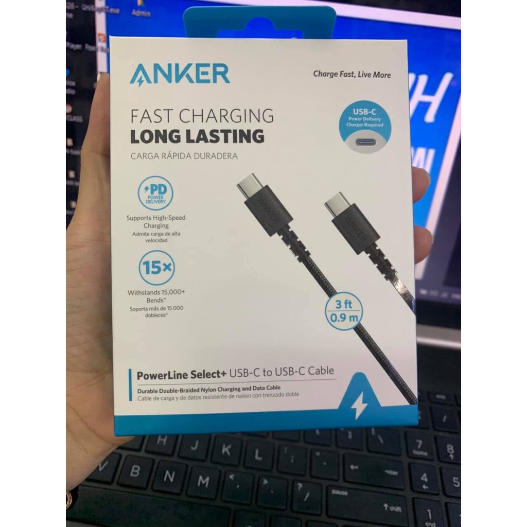 Cáp Sạc Nhanh C to C ANKER A8032 dây dù PowerLine Select+ Type C to Type C 0.9M cho Samsung S10 + S9 Note OPPO macbook