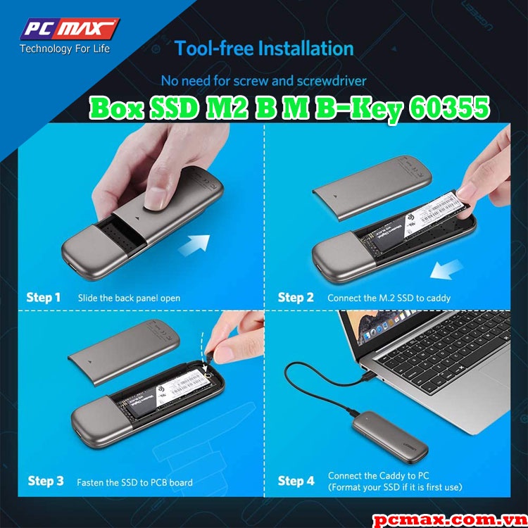 Box SSD M.2 cho SATA NGFF Nhôm USB 3.1 Gen 2 to  B M B-Key 2280 2260 2242 2230 Ugreen 60355 - Hàng chính hãng