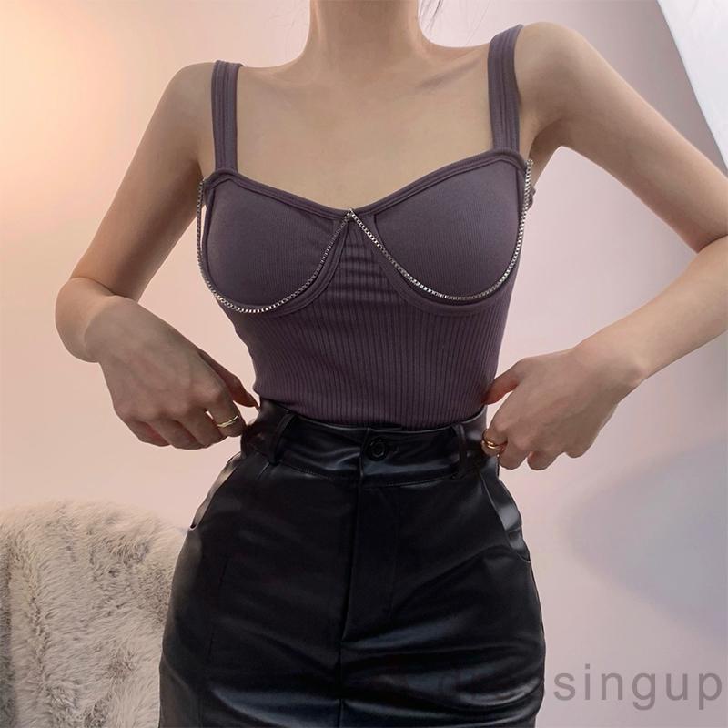 Áo Croptop Không Tay Đệm Mút Màu Trơn Phối Dây Xích Kim Loại Cho Nữ