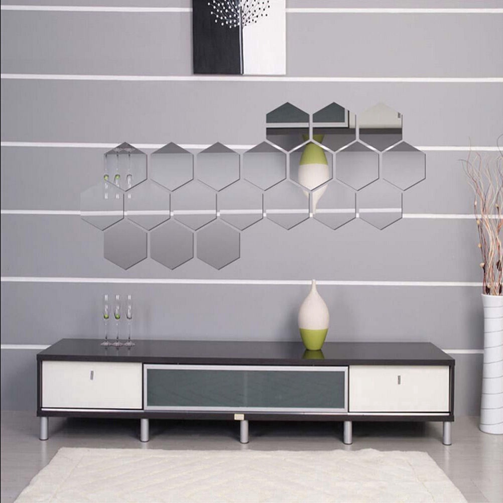 Bộ 12 Miếng Dán Tường Tráng Gương Hình Lục Giác 3D Màu Vàng / Bạc Họa Tiết Tổ Ong Độc Đáo Trang Trí Nhà Cửa / Văn Phòng / Phòng