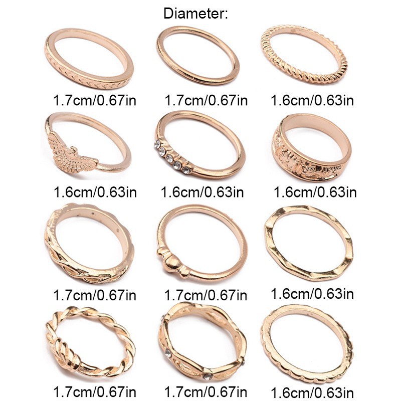 Set 12 nhẫn đính hạt pha lên thời trang dành cho nữ