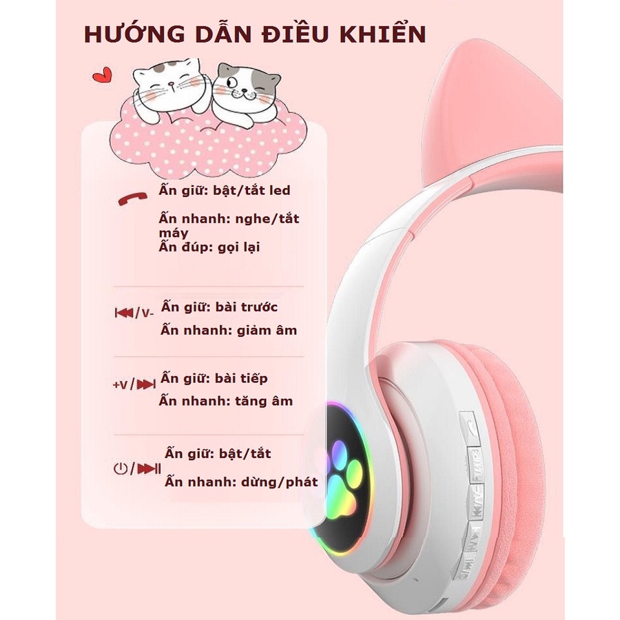 Tai nghe bluetooth B39 tai mèo Headphone chụp tai có mid đèn led đổi màu âm thanh chất lượng