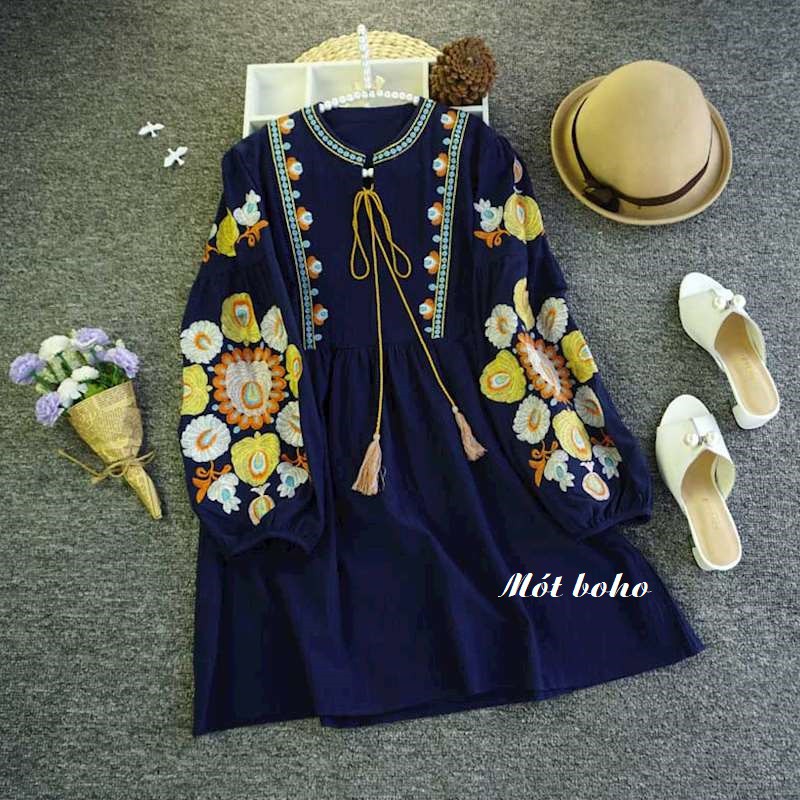 Váy baby doll thêu tay bồng to, dây vàng