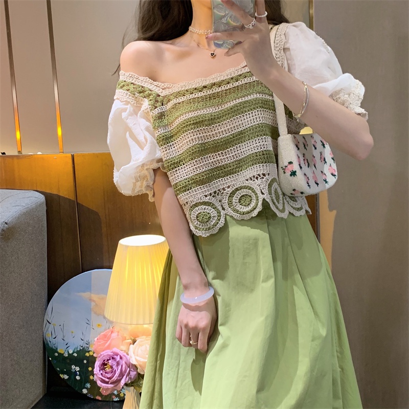 Áo sơ mi ZHELIHANGFEI ren lỗ cổ vuông ngắn tay thời trang sành điệu cho nữ