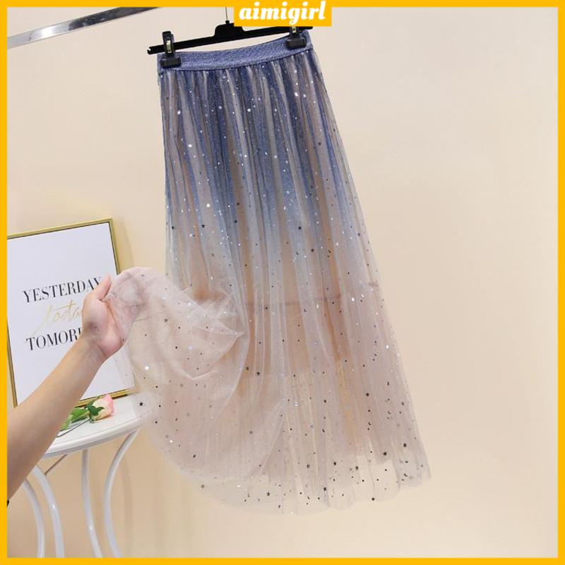 Chân Váy Tutu Lưới Màu Gradient Lấp Lánh Thời Trang Dành Cho Nữ