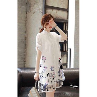 Đầm suông voan trắng in chim hạt