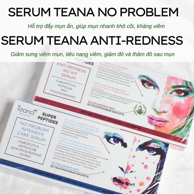 Serum TEANA     Xanh Đỏ hổ trợ mụn họp 10 ống 2ml