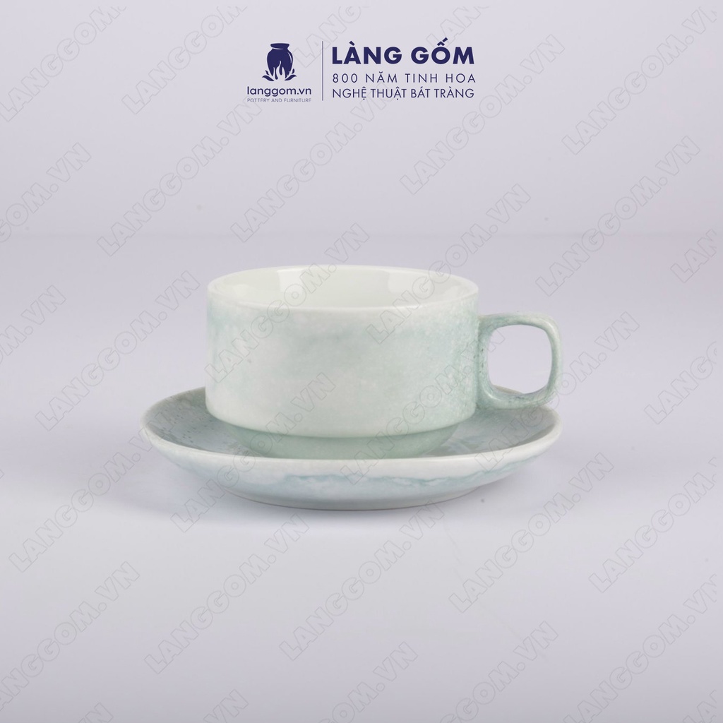 Cốc cà phê Cappuccino vân đá kèm đĩa, dáng vuông, dung tích 150ml, gốm sứ Bát Tràng cao cấp giữ nhiệt - LÀNG GỐM