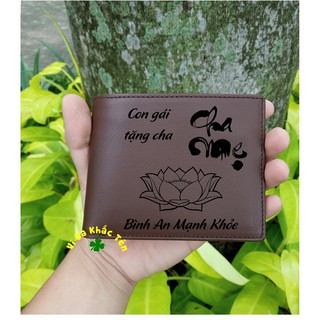 Ví khắc tên dáng ngang màu nâu đất da bò thật