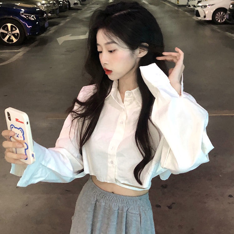 Áo sơ mi croptop tay dài che nắng phong cách ngọt ngào thời trang mùa hè 2022 mới dành cho nữ