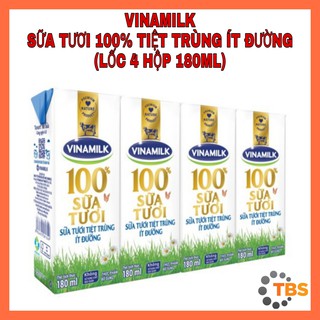 [VINAMILK-SỮA TƯƠI ÍT ĐƯỜNG] SỮA TƯƠI VINAMILK 100% TIỆT TRÙNG ÍT ĐƯỜNG, LỐC 4 HỘP 180ML