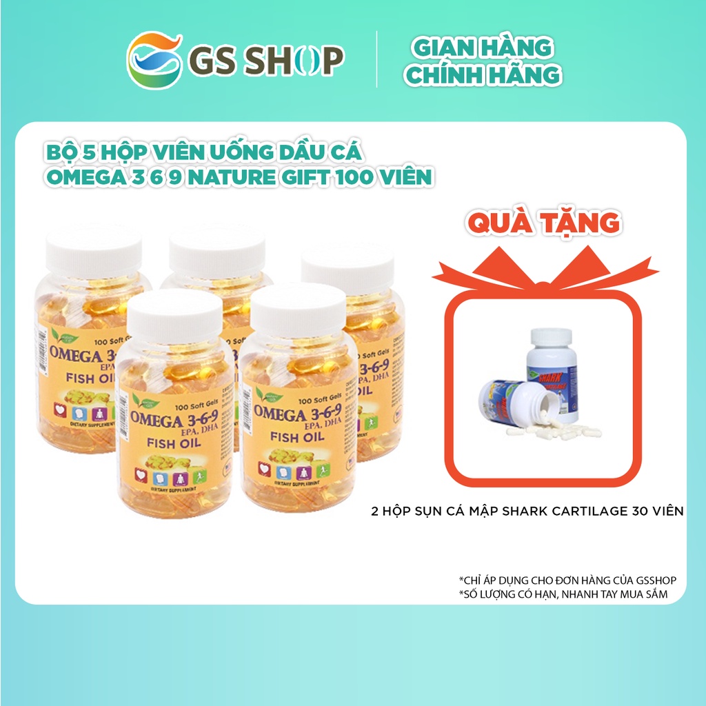 Bộ 5 hộp viên uống dầu cá Omega 3 6 9 Nature Gift 100 viên | TẶNG: 2 Hộp Sụn cá mập Shark Cartilage 30 viên