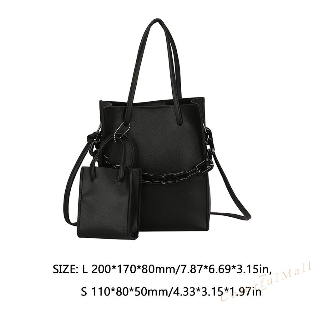 Women 2 in 1 Solid Color Messenger Handbag Tote Thick Chain Leather Shoulder Bag Ladies Clutch Purse