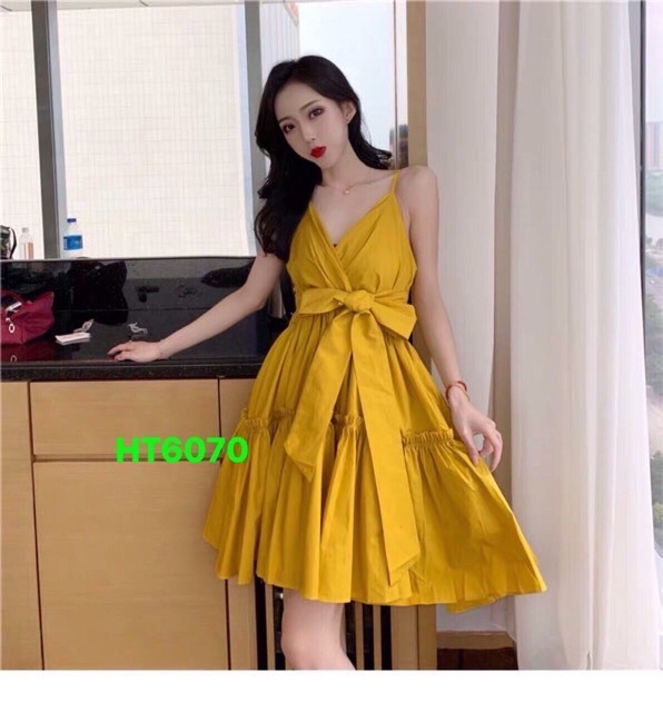 Đầm 2 dây xoè cột nơ eo, đầm tiểu thư babydoll 2 dây - A5U