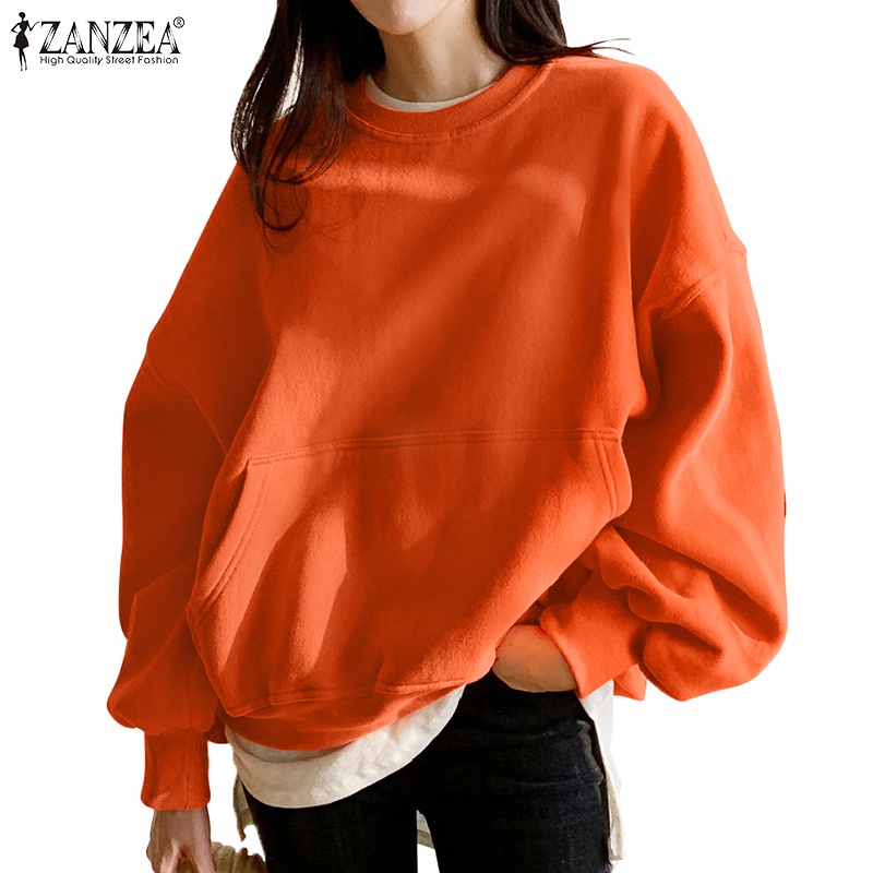 Áo sweatshirt ZANZEA cổ tròn dáng rộng tay dài màu trơn thời trang đường phố cho nữ