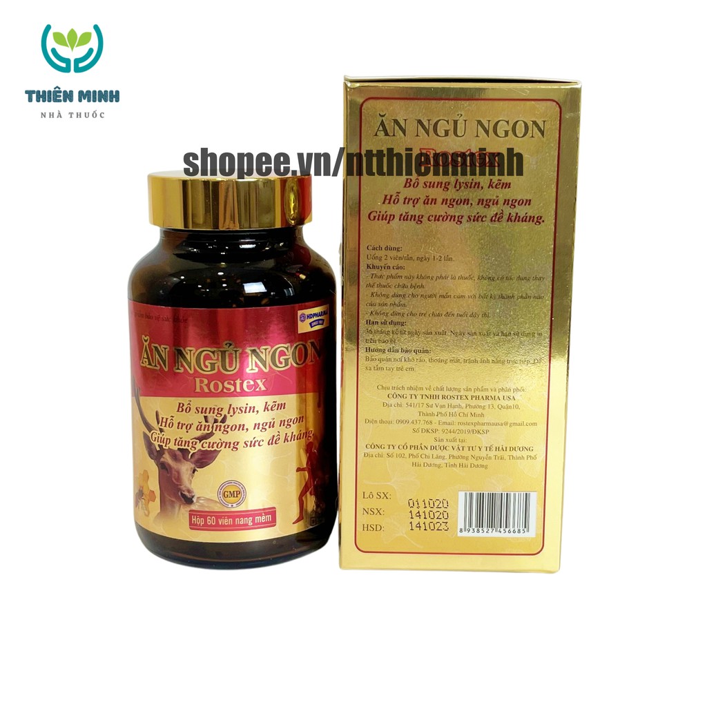 Viên Ăn Ngủ Ngon Rostex bổ sung omega 3, lysin, kẽm loại bỏ mất ngủ, căng thẳng, stress - Chai 60 viên