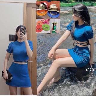 Set váy body xanh coban thun xốp buộc dây eo