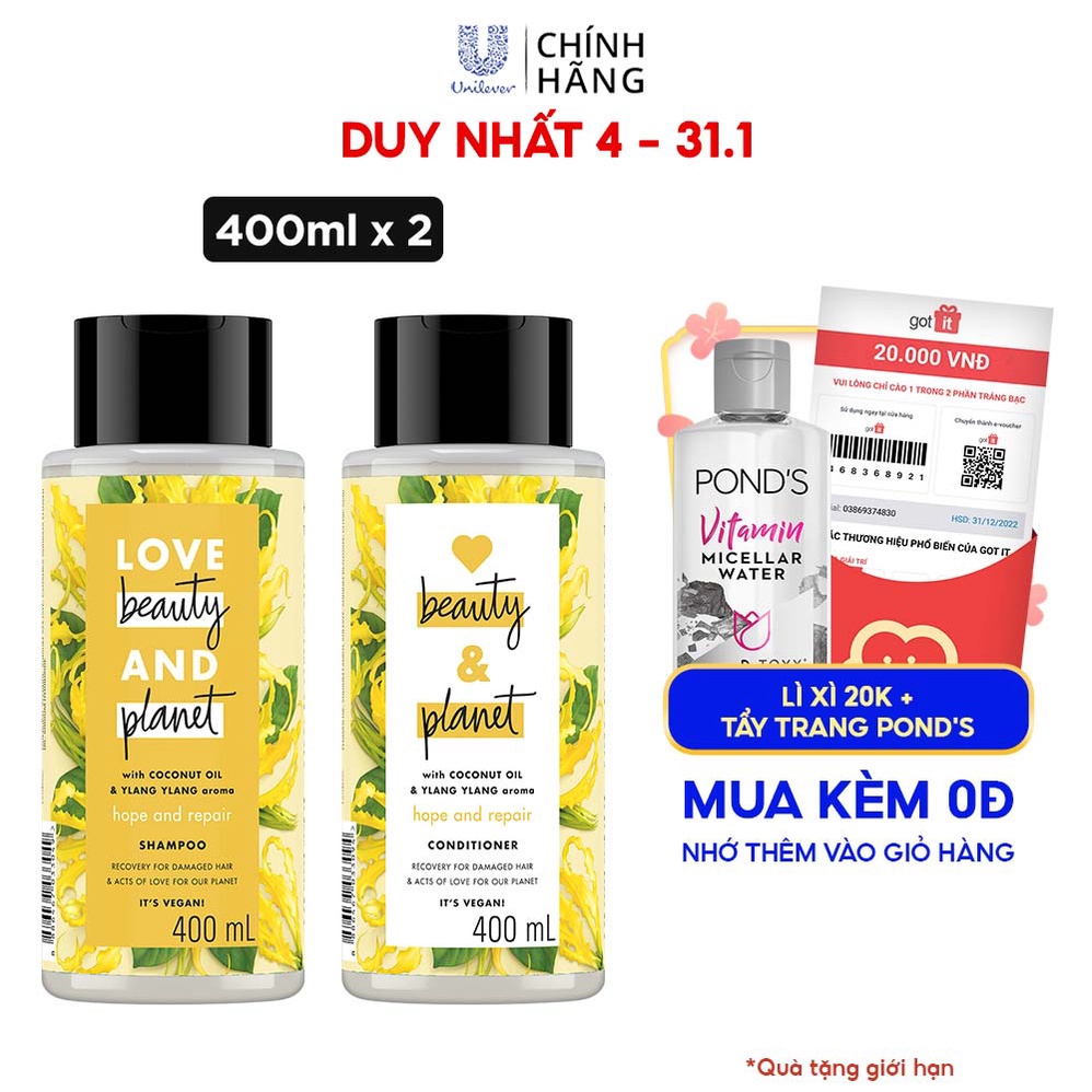 Combo Gội Xả Love Beauty &amp; Planet Phục Hồi Chẻ Ngọn Hope &amp; Repair 100% Dầu Dừa Organic Hương Ngọc Lan Tây 400Mlx2