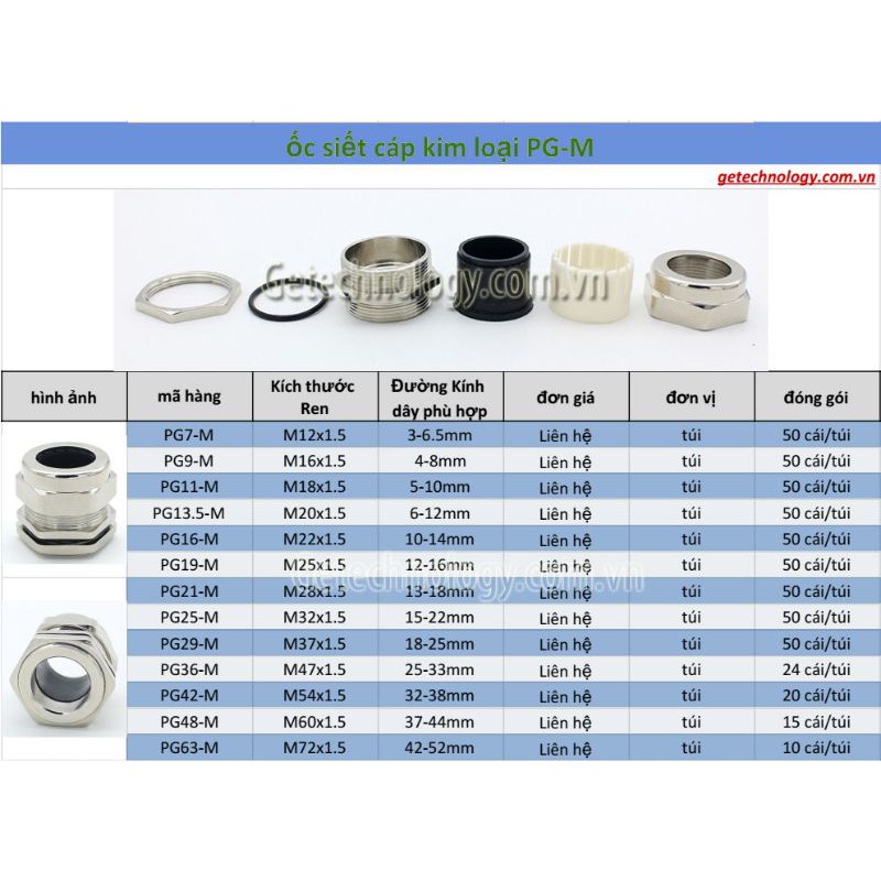 Cút xiết cáp/ốc siết cáp kim loại PG7-M,PG9-M,PG11-M,PG13.5-M,PG16-M,PG19-M,PG21-M,PG25-M