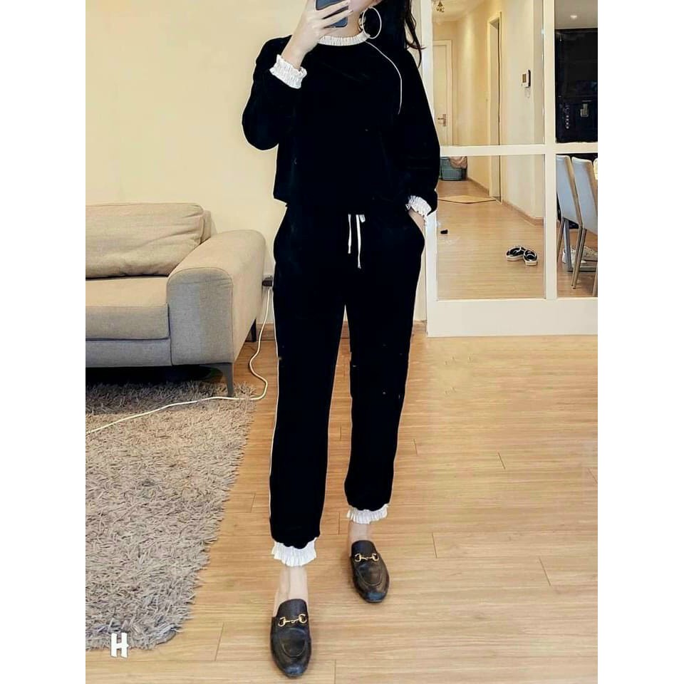 bộ đồ nữ thu đông dài tay chất nỉ nhung bo viền điệu đà | BigBuy360 - bigbuy360.vn