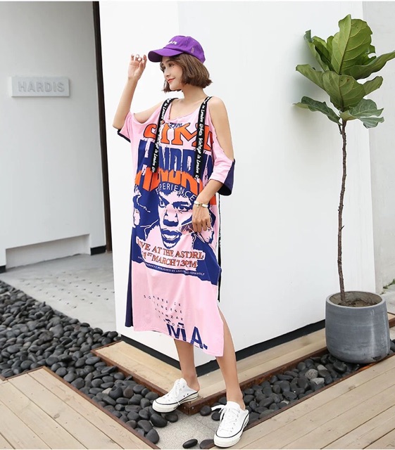 (Order) Đầm oversize xẻ vạt, khoét vai phối dây chữ, hoạ tiết cá tính - độc - lạ - ullzang 2019