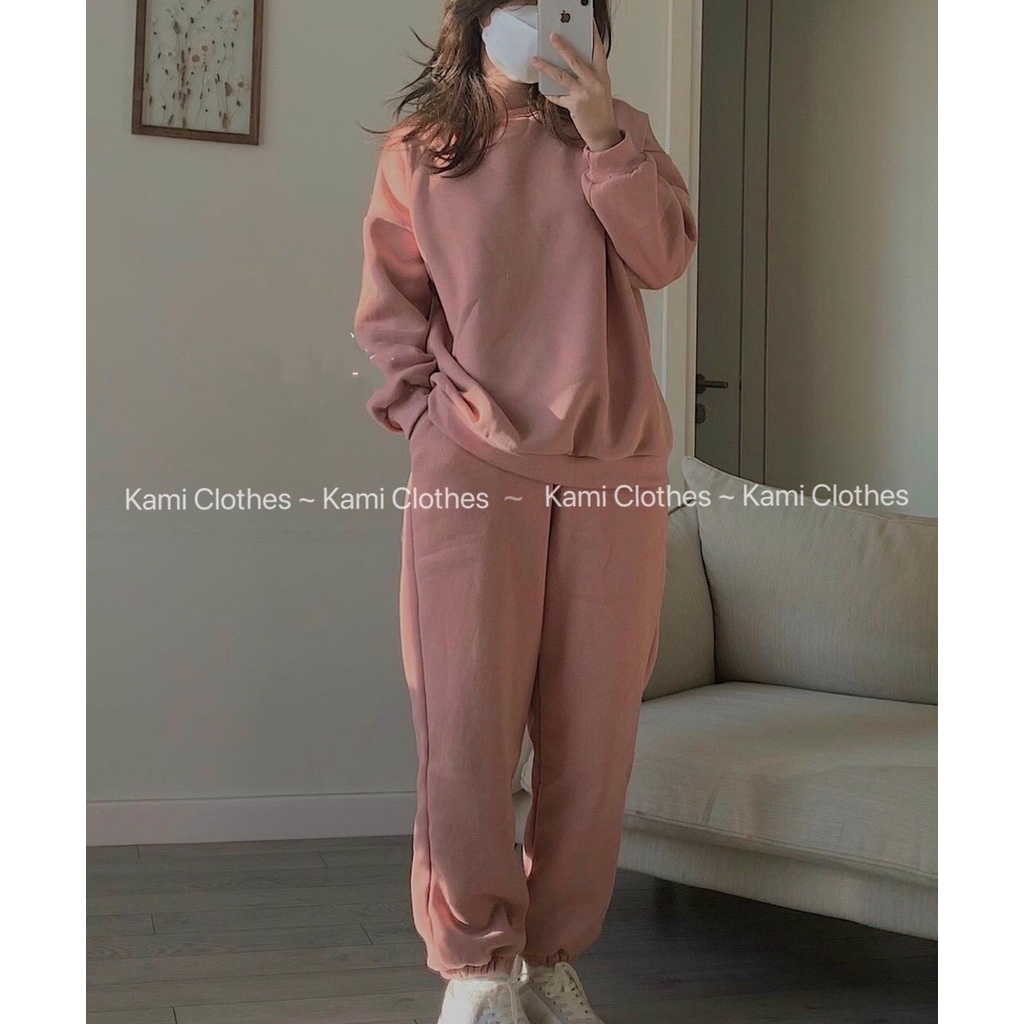 Bộ nỉ bông trơn kèm jogger, Set bộ nỉ áo hoodie và quần dài thu đông - KAMI Clothes