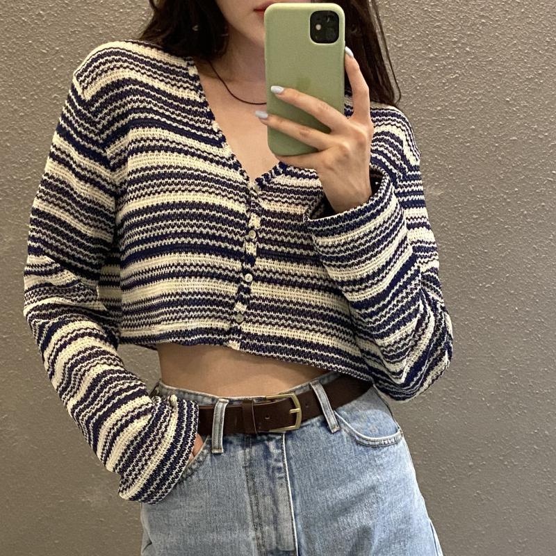 Áo cardigan ZHELIHANGFEI dệt kim tay dài cổ chữ V họa tiết kẻ sọc