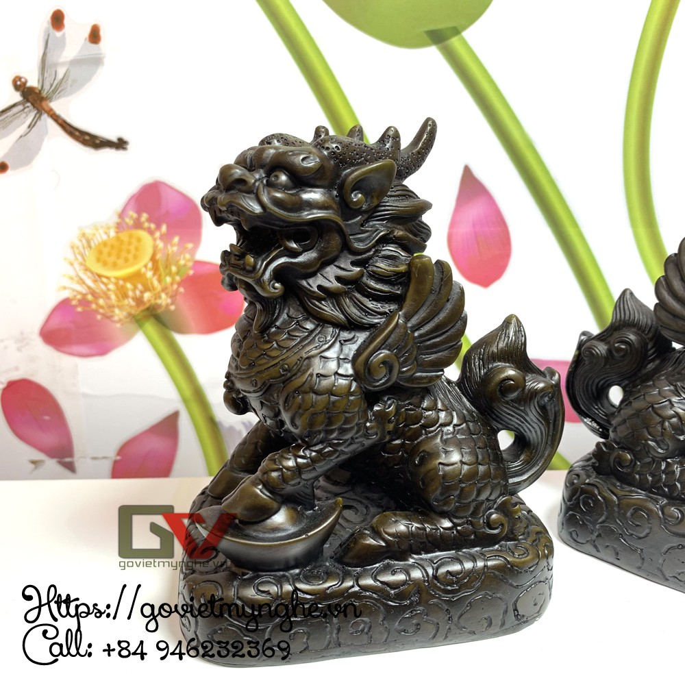 [Tỳ Hưu Thiên Lộc] Cặp tượng đá trang trí Tỳ hưu phong thủy - 2 sừng - Chiều cao 14cm luôn đế - Xanh lục bích