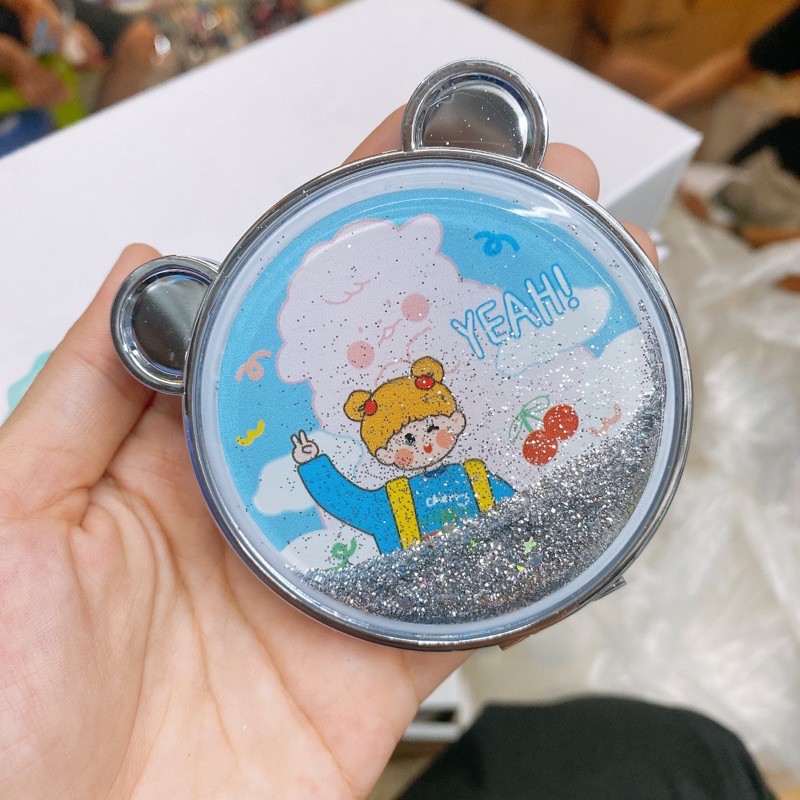 Gương mini bỏ túi trang điểm hai mặt phóng to inox lỗ tai gấu