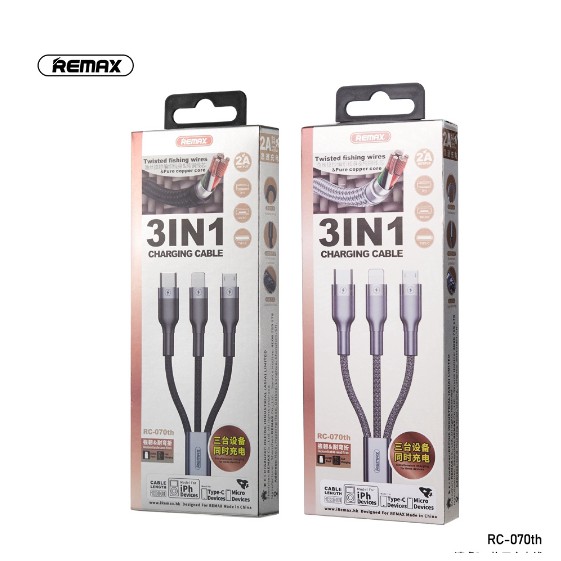 Cáp Sạc Nhanh Remax 3 Đầu IPHONE - MICRO USB - TYPE C Dây Dù RC-070TH CHÍNH HÃNG