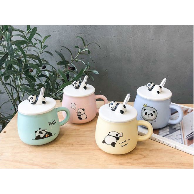 Cốc Sứ Panda Cực Cute 400ml Có Nắp Đậy Kèm Muỗng Cao Cấp