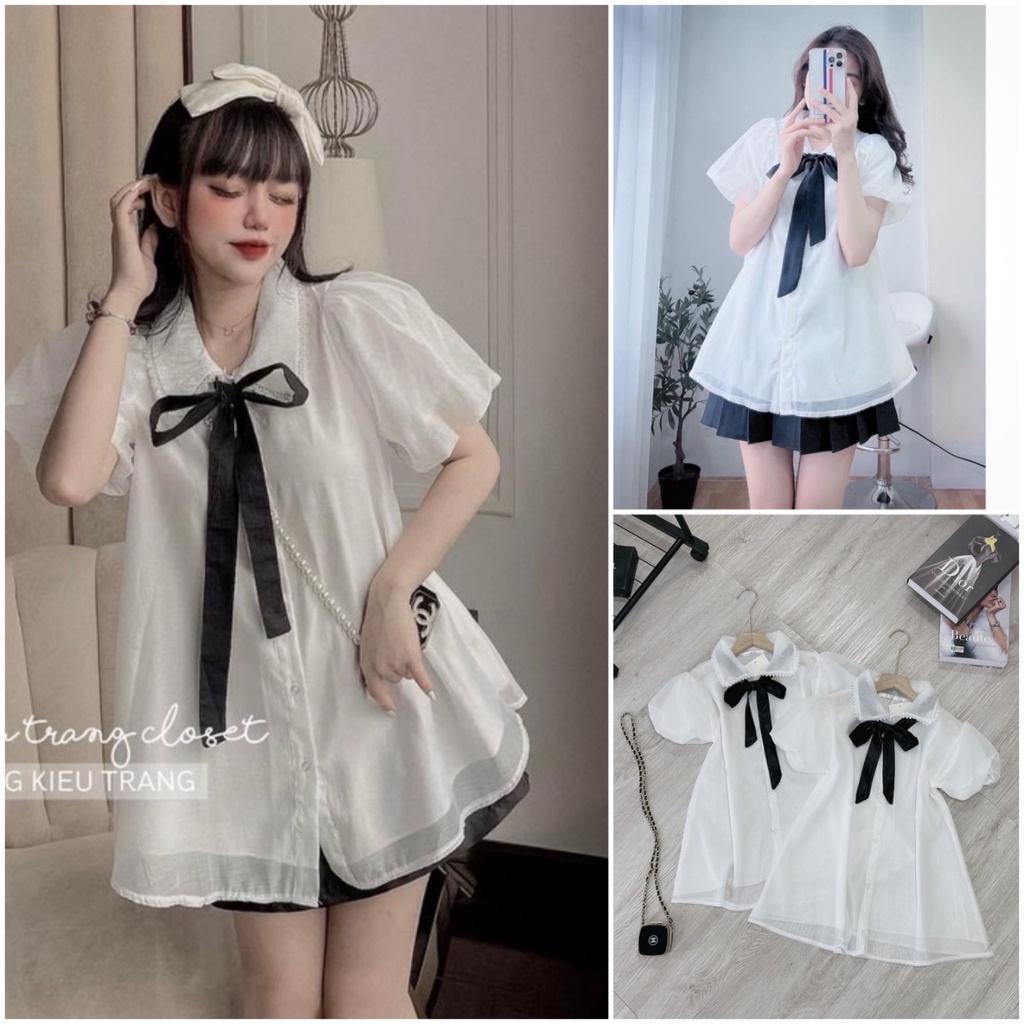 áo sơ mi nữ kiểu babydoll ren tơ phối nơ cổ form rộng dáng xòe tay ngắn nhẹ nhàng