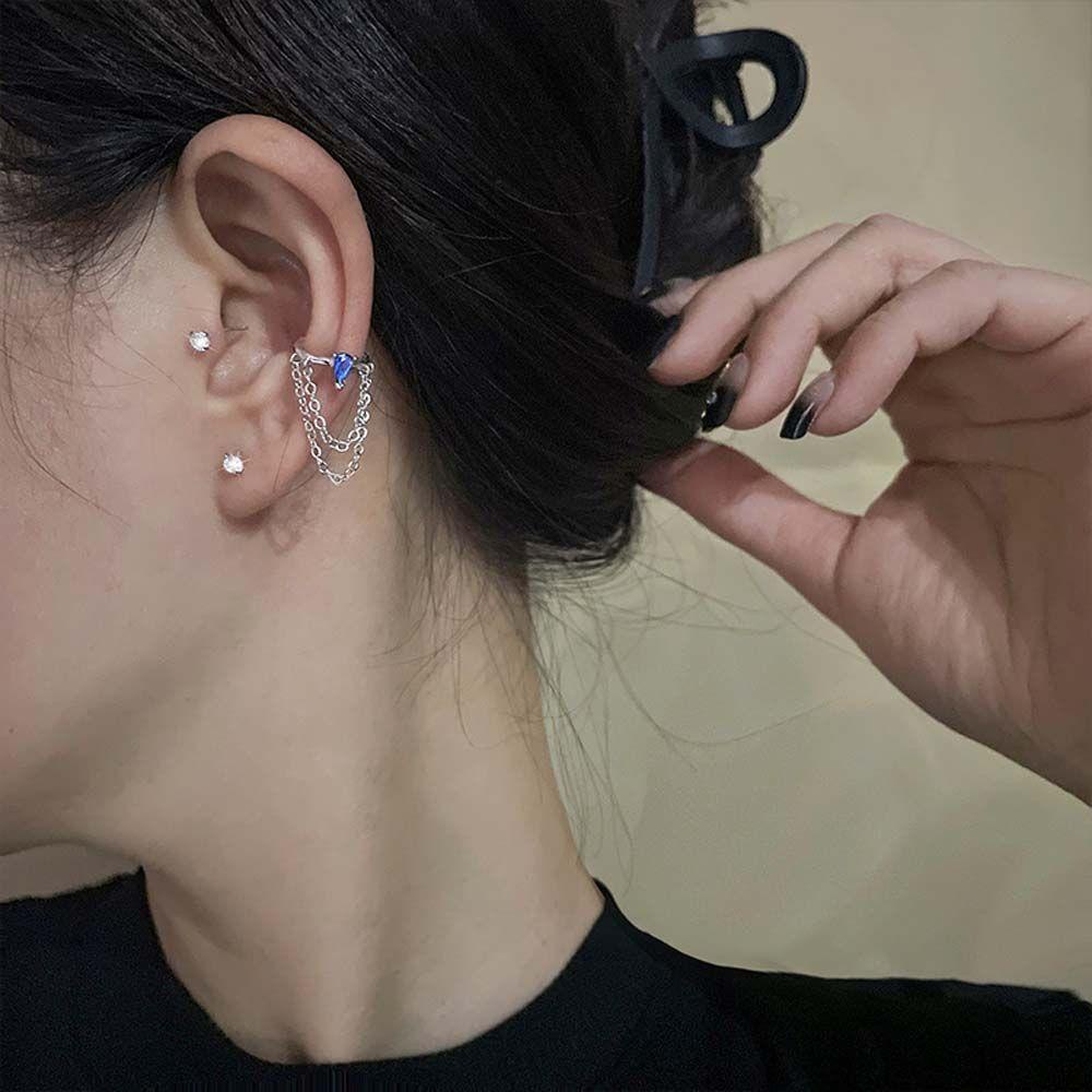 Khuyên Kẹp Vành Tai Màu Xanh Dương Phối Dây Xích Đôi Thời Trang Cho Nữ MXMUSTY
