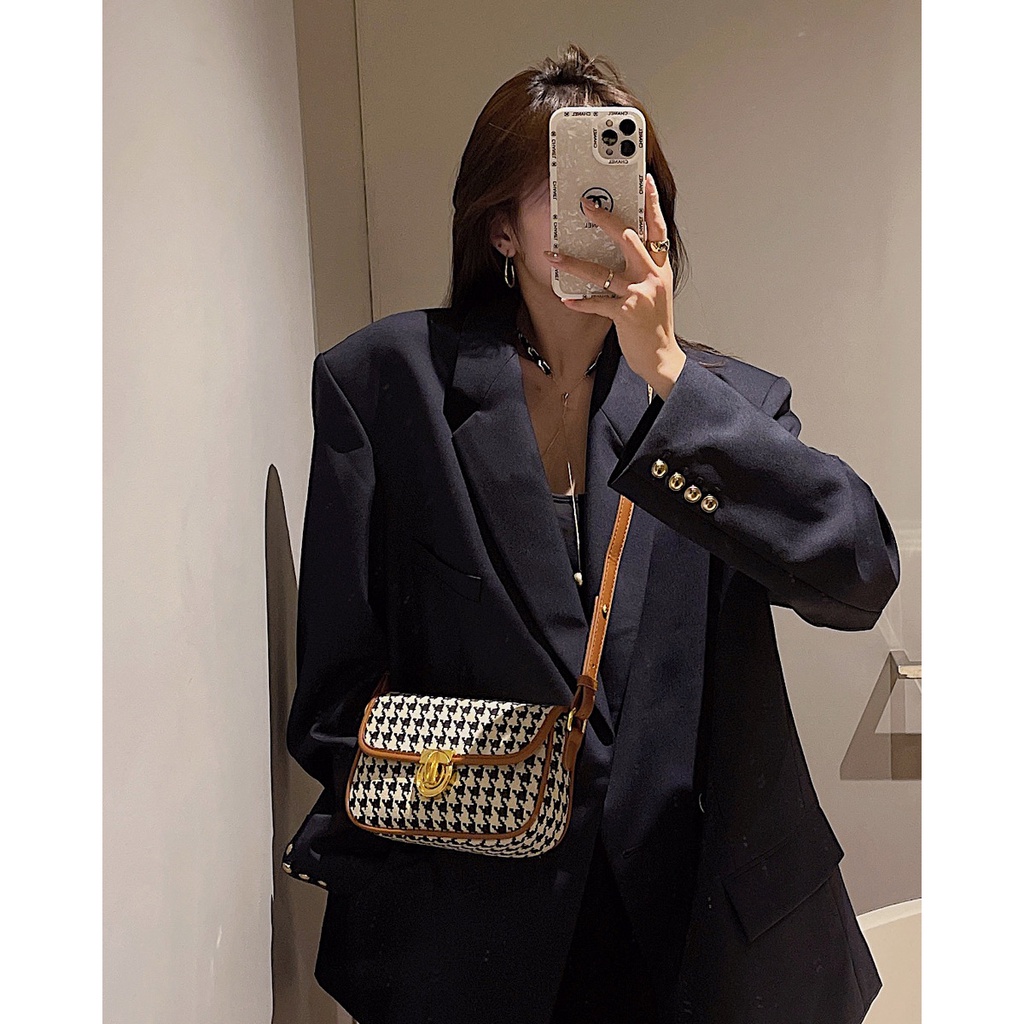Túi Đeo Chéo Vai Họa Tiết houndstooth Thời Trang Phong Cách retro