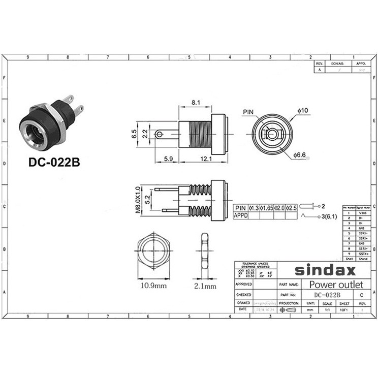 Jack sạc DC-022B chuẩn 5.5mm x 2.1mm (Jack DC Có cao su chống nước)