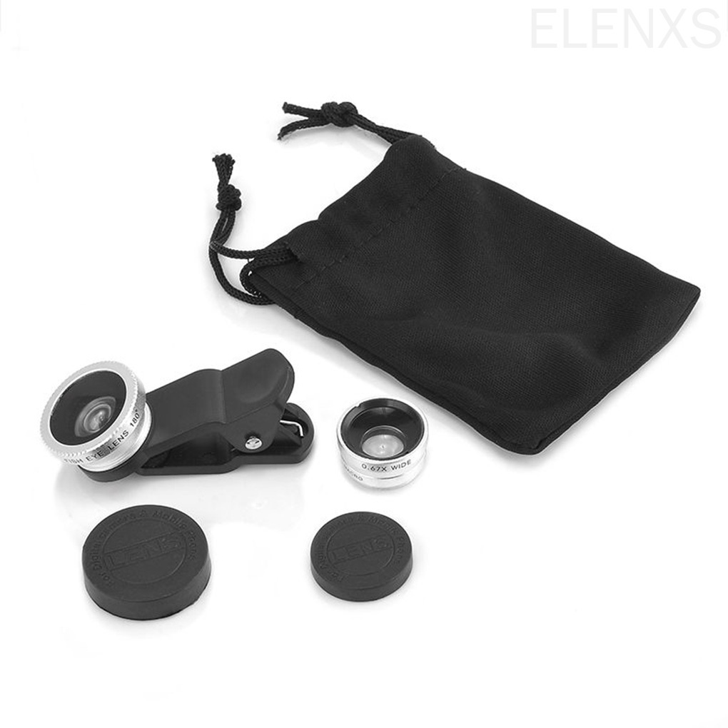 3-in-1 Universal Smartphone Camera Clip-on Lens Kit 180° Fish Eye Lens 0.67X Wide Angle Macro Lens ELEN