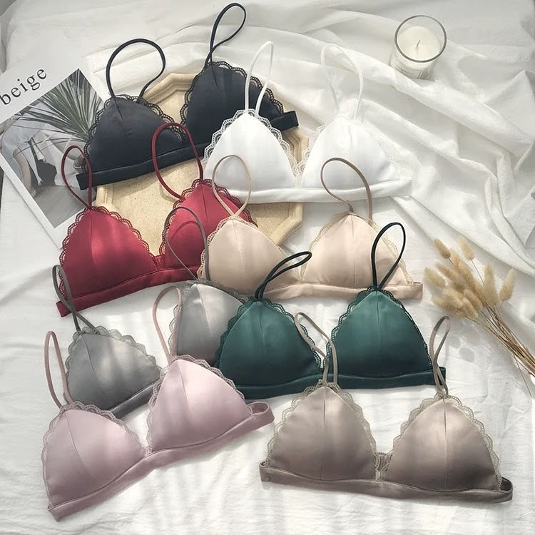 Áo Lót Bralette Vải Satin Dây Mảnh Không Gọng Viền Ren Không Đệm Mút Sexy B066