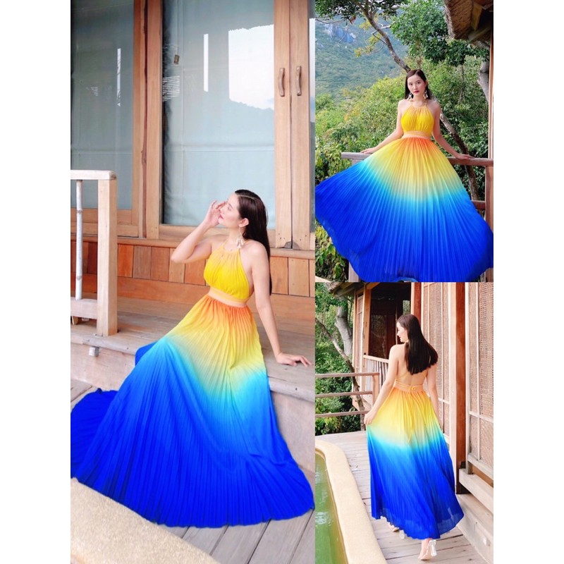 (miễn phí chỉnh váy) đầm maxi yếm dập li màu loang ombre cầu vồng nhiều màu đi biển du lịch chụp hình sống ảo | BigBuy360 - bigbuy360.vn